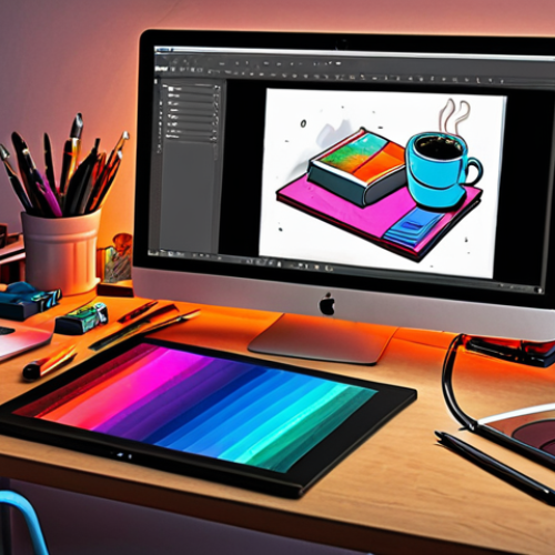 Home 11 **
A vibrant digital illustration workspace. Adobe Photoshop displayed on a large monitor with various tools and layers visible. In the foreground, an artist's hand skillfully uses a Wacom tablet pen. Scattered around are design books, color palettes, and a steaming cup of coffee, creating an inspiring and productive atmosphere.
**