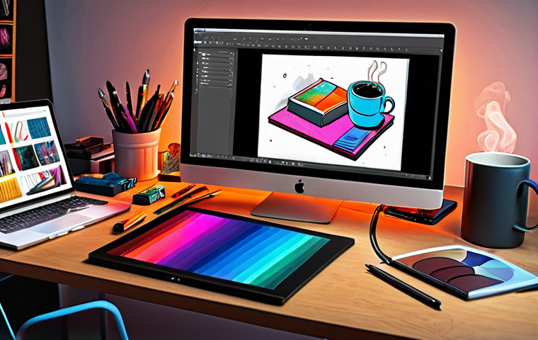 **
A vibrant digital illustration workspace. Adobe Photoshop displayed on a large monitor with various tools and layers visible. In the foreground, an artist's hand skillfully uses a Wacom tablet pen. Scattered around are design books, color palettes, and a steaming cup of coffee, creating an inspiring and productive atmosphere.
**