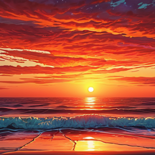 Home 6 ** A vibrant, colorful digital painting of a sunset over a calm ocean, showcasing a range of warm orange and red hues. The style should be painterly with visible brushstrokes, highlighting the use of color theory to create a harmonious and emotional scene.
**