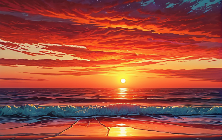** A vibrant, colorful digital painting of a sunset over a calm ocean, showcasing a range of warm orange and red hues. The style should be painterly with visible brushstrokes, highlighting the use of color theory to create a harmonious and emotional scene.
**