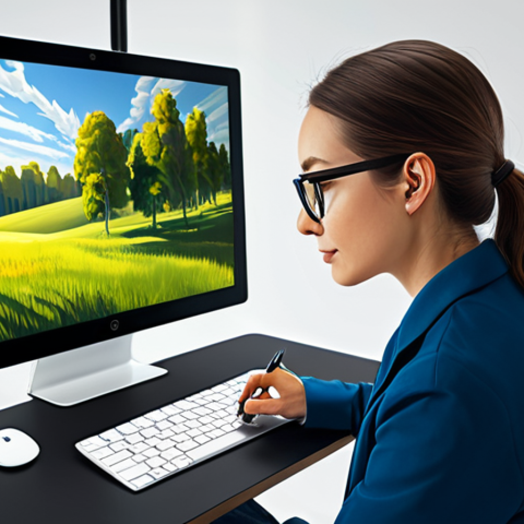 A professional digital illustrator, fully clothed in modest professional attire, focused on a graphic tablet in a modern, brightly lit art studio. The illustration on the screen displays a perfectly composed landscape scene, utilizing the rule of thirds and a harmonious color palette with subtle shifts in saturation and brightness to evoke a serene atmosphere. Soft, diffused studio lighting highlights the scene, creating natural volume and shadows. The artist has perfect anatomy, correct proportions, and a natural pose, with well-formed hands holding the stylus. This image is safe for work, appropriate content, and family-friendly, showcasing high-quality professional digital art.