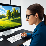 A professional digital illustrator, fully clothed in modest professional attire, focused on a graphic tablet in a modern, brightly lit art studio. The illustration on the screen displays a perfectly composed landscape scene, utilizing the rule of thirds and a harmonious color palette with subtle shifts in saturation and brightness to evoke a serene atmosphere. Soft, diffused studio lighting highlights the scene, creating natural volume and shadows. The artist has perfect anatomy, correct proportions, and a natural pose, with well-formed hands holding the stylus. This image is safe for work, appropriate content, and family-friendly, showcasing high-quality professional digital art.