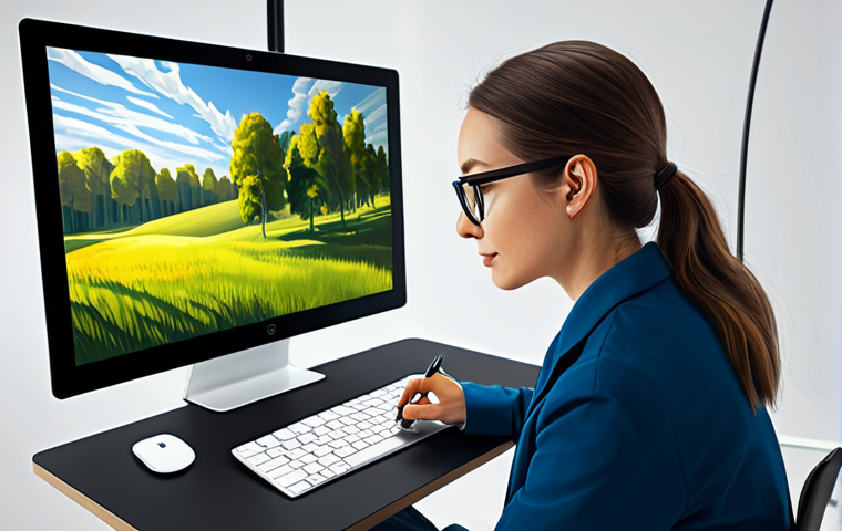 A professional digital illustrator, fully clothed in modest professional attire, focused on a graphic tablet in a modern, brightly lit art studio. The illustration on the screen displays a perfectly composed landscape scene, utilizing the rule of thirds and a harmonious color palette with subtle shifts in saturation and brightness to evoke a serene atmosphere. Soft, diffused studio lighting highlights the scene, creating natural volume and shadows. The artist has perfect anatomy, correct proportions, and a natural pose, with well-formed hands holding the stylus. This image is safe for work, appropriate content, and family-friendly, showcasing high-quality professional digital art.