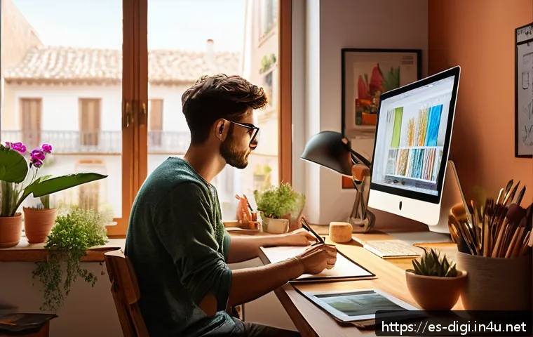 디지털 일러스트 관련 책 추천 - A digital artist’s cozy studio environment in a modern Spanish apartment, filled with natural light ...