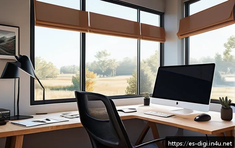 디지털 일러스트 작업 피로 관리법 - A cozy digital artist's workspace bathed in soft, indirect natural light coming through a large wind...