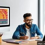 디지털 일러스트 자격증 종류와 취득 방법 - A professional digital illustrator workspace showcasing a Spanish-speaking creative artist seated at...